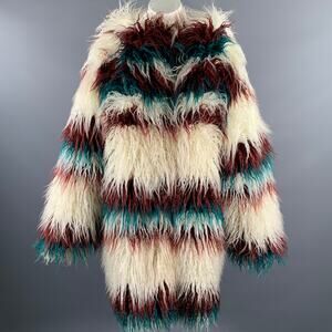 FRIED RICE One Size White Burgundy Teal Stripe Polyester Faux Fur Coat